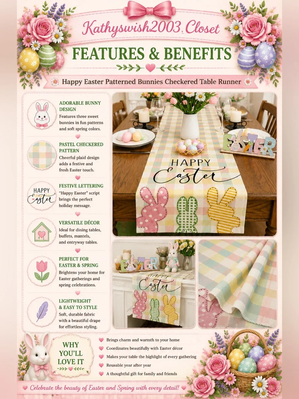 Happy Easter Patterned Bunnies Checkered Table Runner